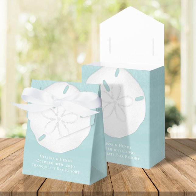 Turquoise Beach Coastal Tropical Sand Dollar Favor Boxes (Beach tropical wedding sand dollar favor box with bride and groom initial monogram.)