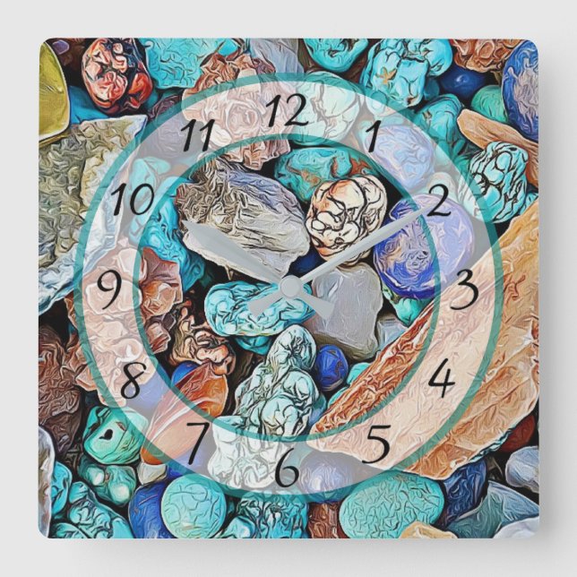 Turquoise Beach Stones Fake Stone Gem Clock (Front)