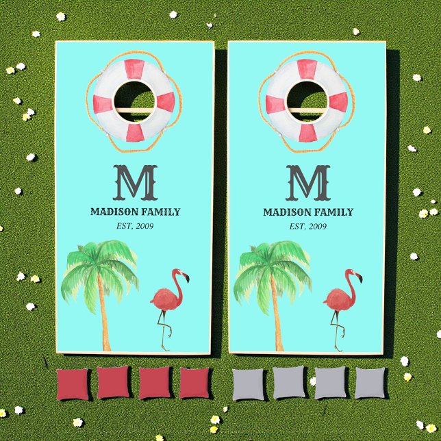 Turquoise Beach Tropical Flamingo Cornhole Set (Creator Uploaded)