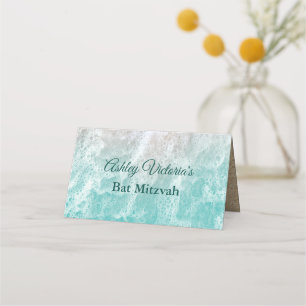 Turquoise Beach Waves Bat Mitzvah Folded Place Card