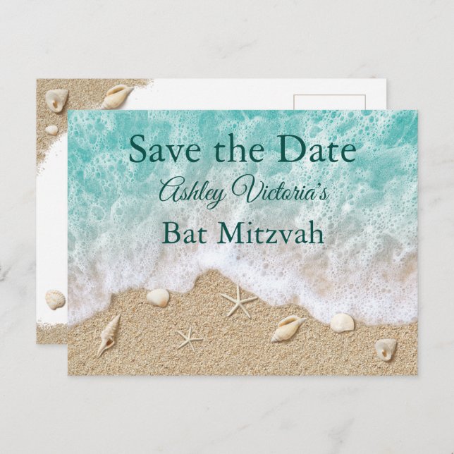 Turquoise Beach Waves Bat Mitzvah Save the Date Invitation Postcard (Front/Back)
