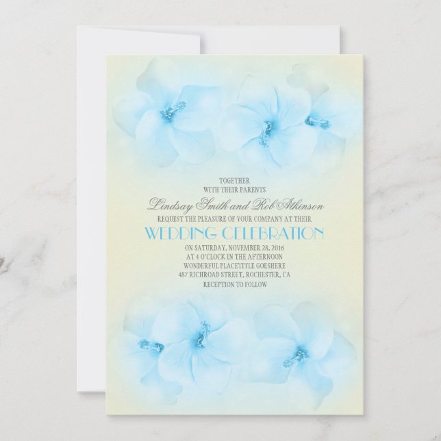 turquoise beach wedding invitation with hibiscus (Front)