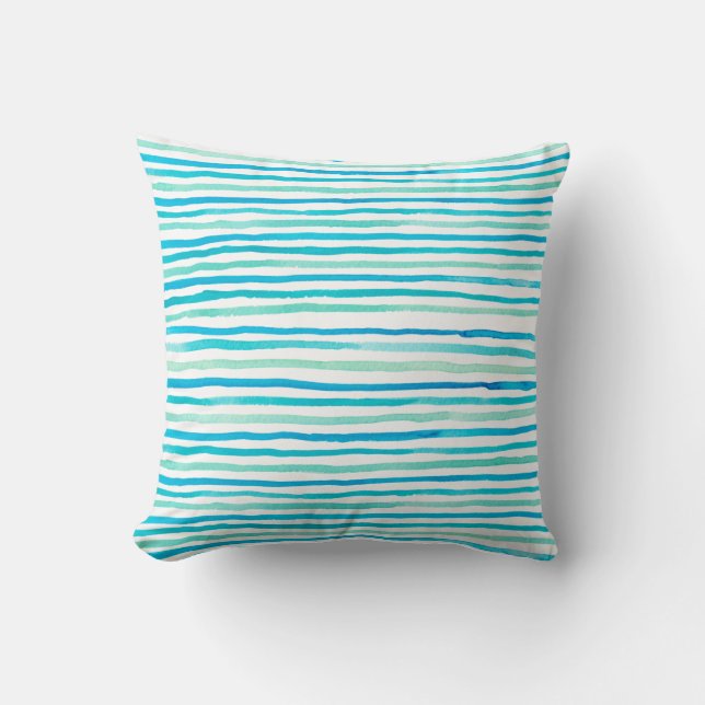 Turquoise Beachy Watercolor Stripes Throw Pillow (Front)