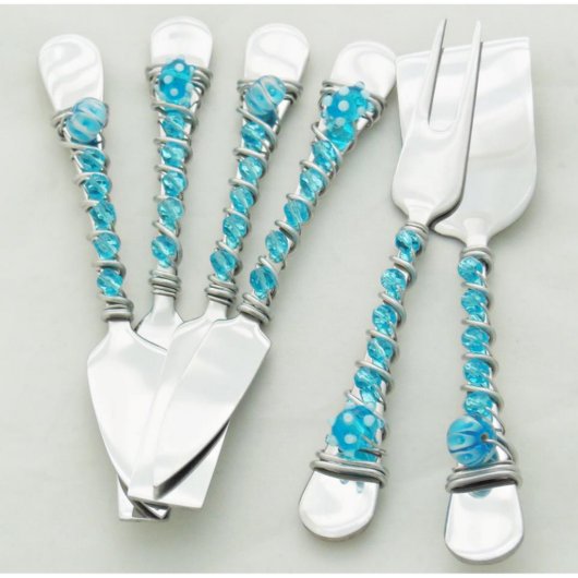 Turquoise Beaded Six Piece Cheese Serving Set (Front)
