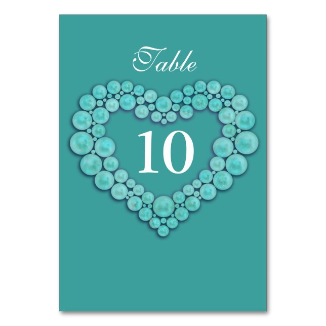 Turquoise beads heart 11th wedding anniversary tab table number (Front)