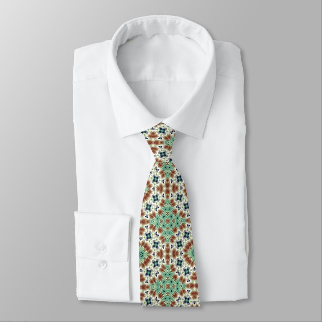 Turquoise beige colorful kaleidoscope ornament  neck tie (Tied)