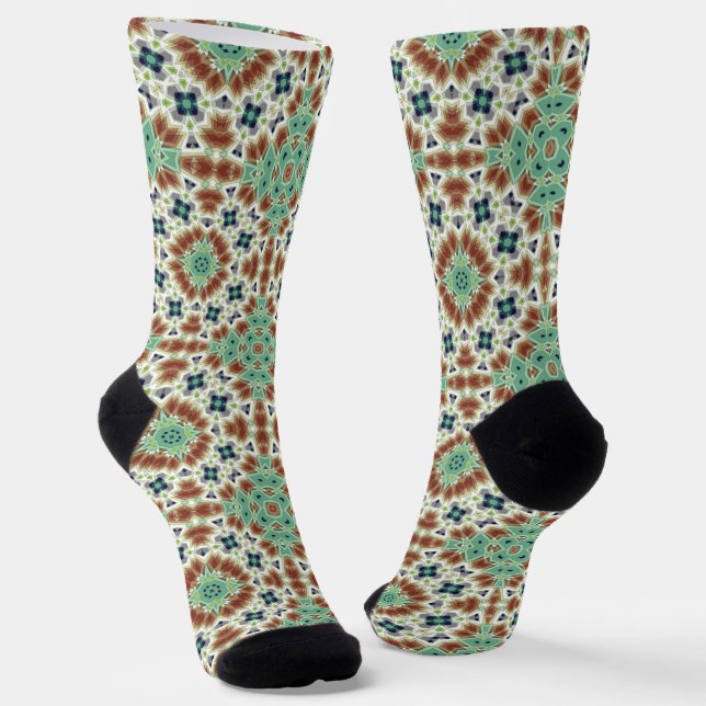 Turquoise beige colorful kaleidoscope ornament  socks (Angled)