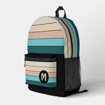 Turquoise Beige Teal Green Black Art Stripes Printed Backpack by All_In_Cute_Fun at Zazzle
