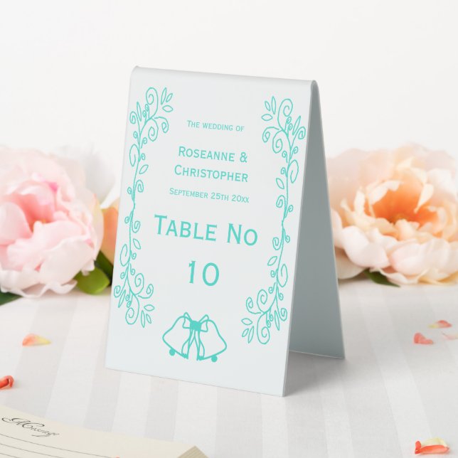 Turquoise Bells Scrollwork Design Wedding Table Tent (In SItu (Wedding))