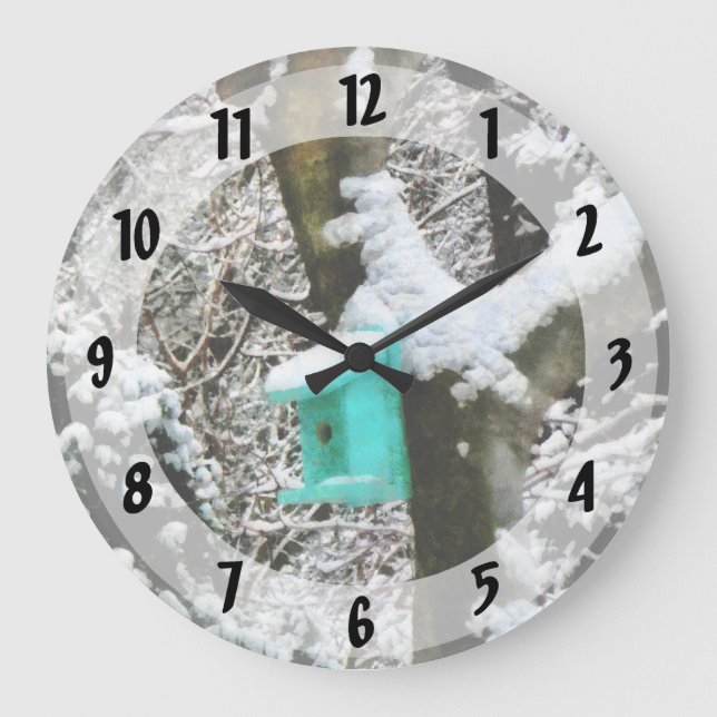 Turquoise Birdhouse in Winter Large Clock (Front)