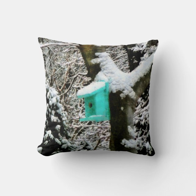 Turquoise Birdhouse in Winter Throw Pillow (Front)