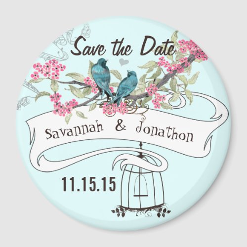 Turquoise Birds Pink Cherry Blossom Save the Date Magnet