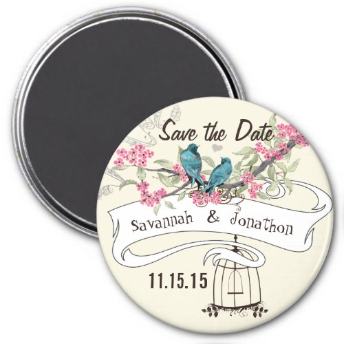 Turquoise Birds Pink Cherry Blossom Save the Date Magnet