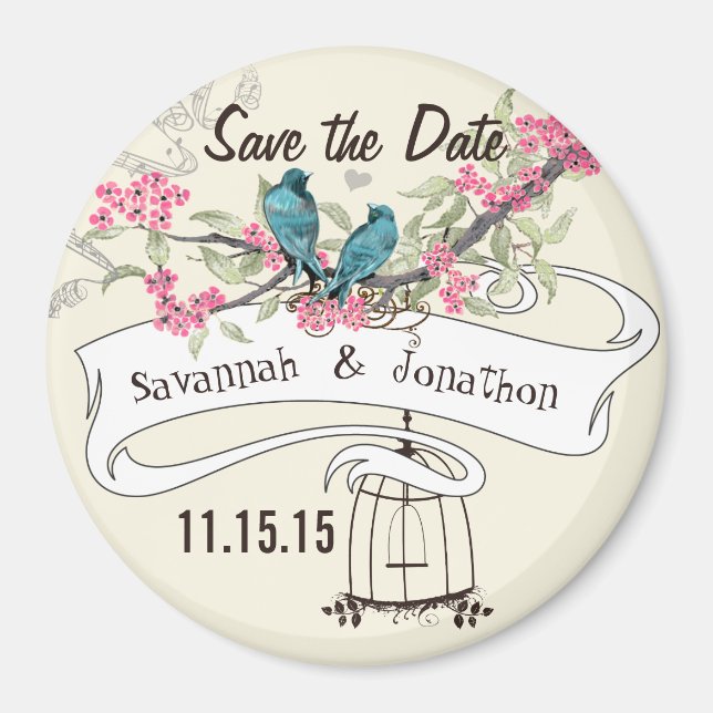 Turquoise Birds Pink Cherry Blossom Save the Date Magnet (Front)