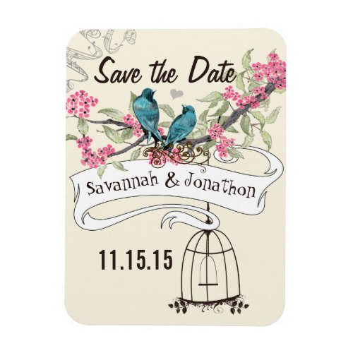 Turquoise Birds Pink Cherry Blossom Save the Date Magnet