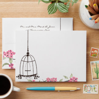 Turquoise Birds Pink Cherry Blossoms Birdcage Envelope