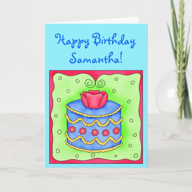 Turquoise Birthday Card with Blue Cake (Front)