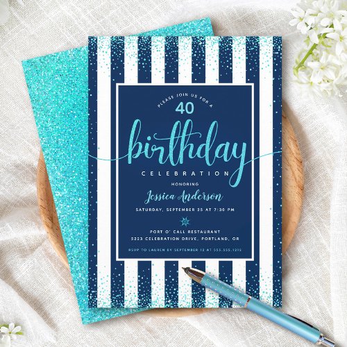 Turquoise birthday glitter script navy custom year invitation