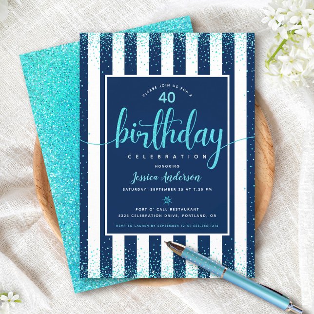 Turquoise birthday glitter script navy custom year invitation (Creator Uploaded)
