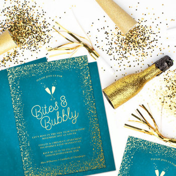 Turquoise Bites & Bubbly New Year's Eve Party Foil Invitation by TheSpottedOlive at Zazzle