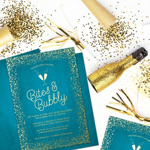  Turquoise Bites  Bubbly New Years Eve Party Foil Invitation