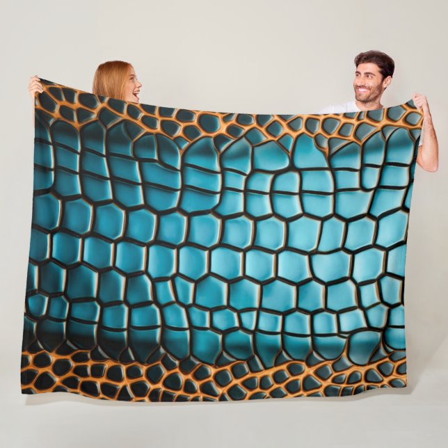 Turquoise Black and Gold Reptile Scale Pattern Fleece Blanket (In Situ)