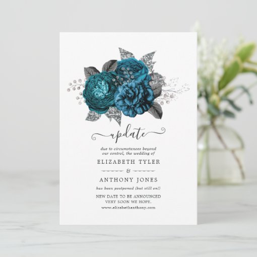 Turquoise, Black and Silver Floral Wedding Update Invitation | Zazzle