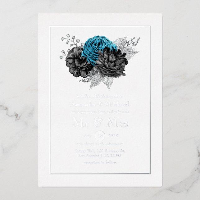 Turquoise, Black and Silver Wedding Foil Invitation (Front)