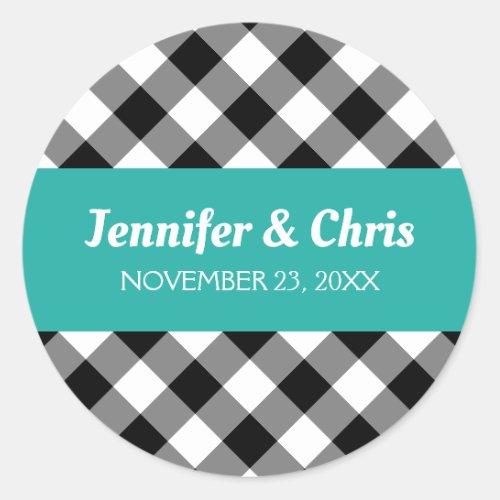 Turquoise Black and White Buffalo Plaid Wedding Classic Round Sticker