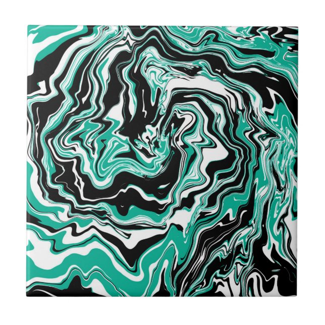 Turquoise, Black and White Marble Fluid Art  Ceramic Tile (Front)