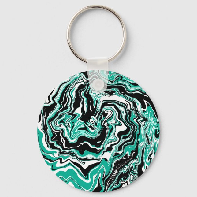 Turquoise, Black and White Marble Fluid Art  Keychain (Front)