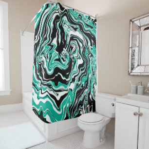 Turquoise, Black and White Swirls Marble like  Shower Curtain