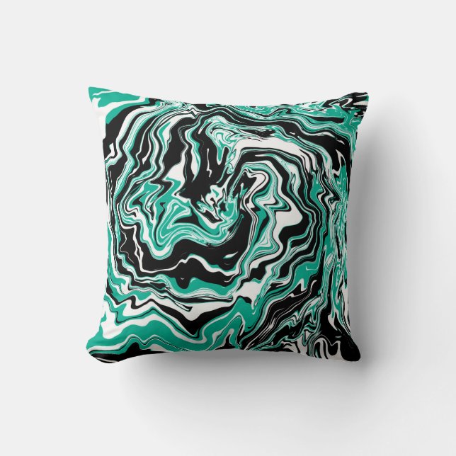 Turquoise, Black and White Swirls Marble like  Throw Pillow (Front)