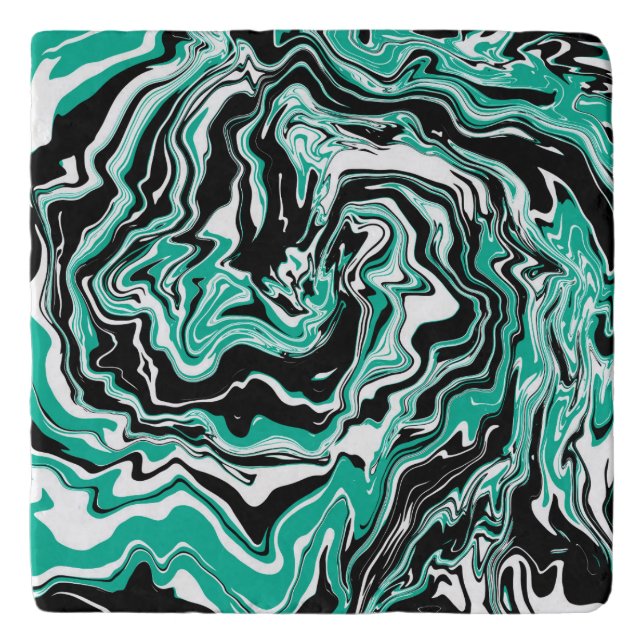 Turquoise, Black and White Swirls Marble like   Trivet (Front)