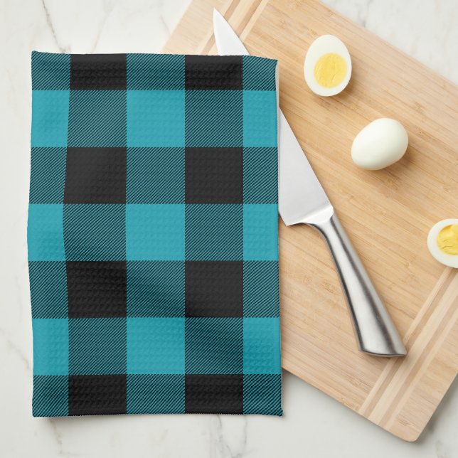 Turquoise Black Buffalo Check Plaid Rustic Kitchen Towel (Quarter Fold)