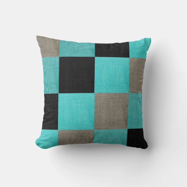 Turquoise & Black Checkerboard Pillow (Front)