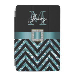 TURQUOISE BLACK CHEVRON GLITTER GIRLY iPad MINI COVER