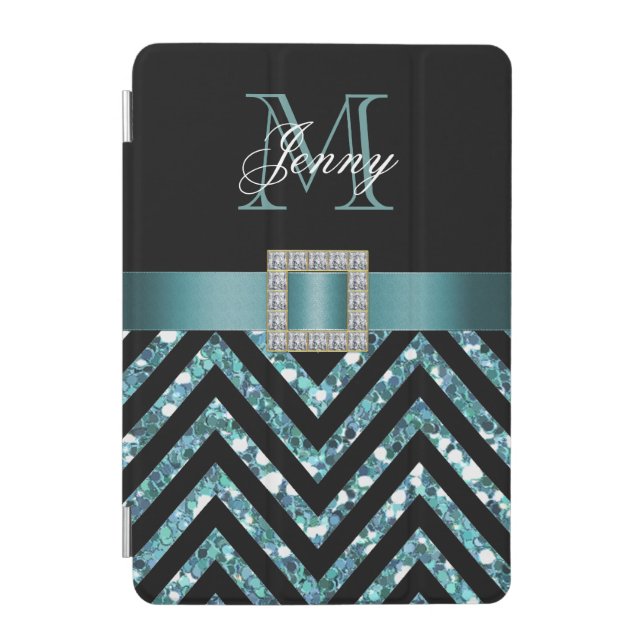 TURQUOISE BLACK CHEVRON GLITTER GIRLY iPad MINI COVER (Front)