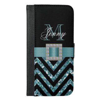 TURQUOISE BLACK CHEVRON GLITTER GIRLY iPhone 6/6S PLUS WALLET CASE