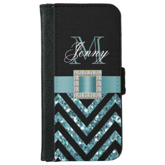 TURQUOISE BLACK CHEVRON GLITTER GIRLY iPhone 6/6S WALLET CASE