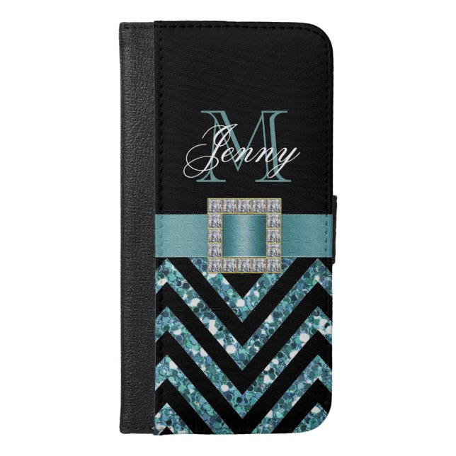 TURQUOISE BLACK CHEVRON GLITTER GIRLY iPhone WALLET CASE (Front)