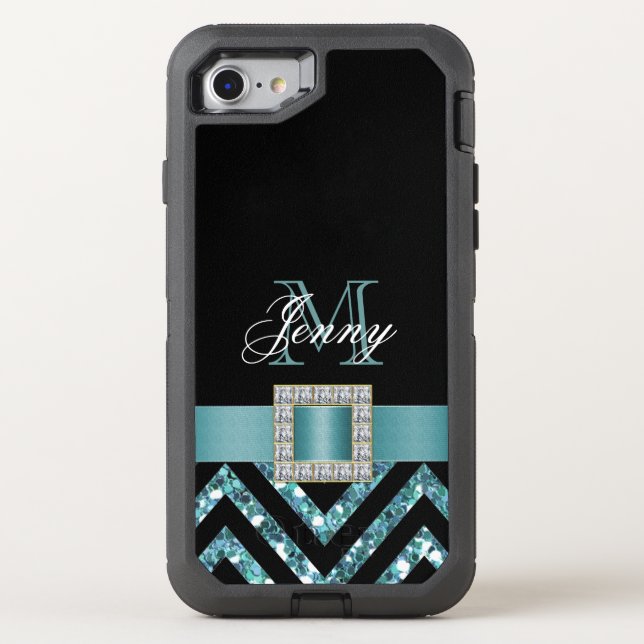 TURQUOISE BLACK CHEVRON GLITTER GIRLY OTTERBOX iPhone CASE (Back)