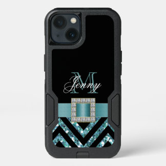 TURQUOISE BLACK CHEVRON GLITTER GIRLY iPhone 13 CASE