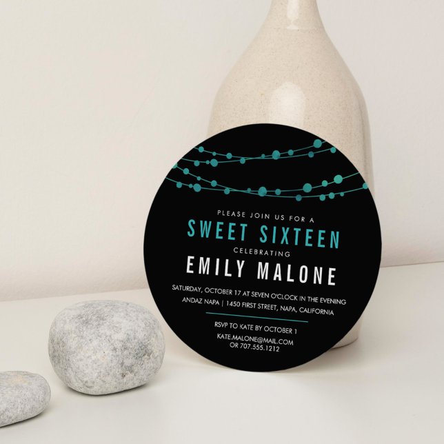 Turquoise & Black Confetti Garland Sweet Sixteen Invitation (Creator Uploaded)