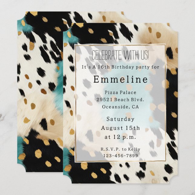 Turquoise Black Cream Gold Western Cowgirl Cowhide Invitation (Front/Back)