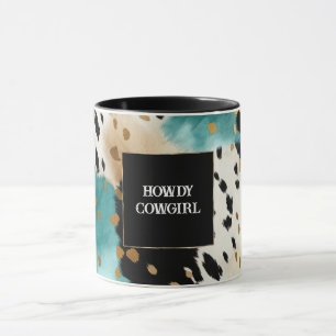 Turquoise Black Cream Gold Western Cowgirl Cowhide Mug