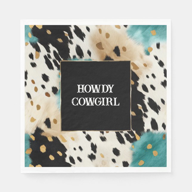Turquoise Black Cream Gold Western Cowgirl Cowhide Napkins (Front)