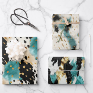 Turquoise Black Cream Gold Western Cowgirl Cowhide Wrapping Paper Sheets