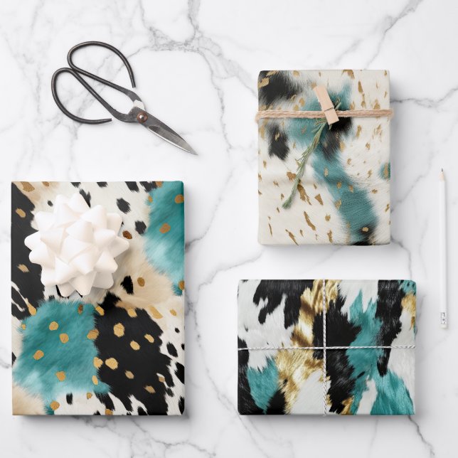 Turquoise Black Cream Gold Western Cowgirl Cowhide Wrapping Paper Sheets (Front)