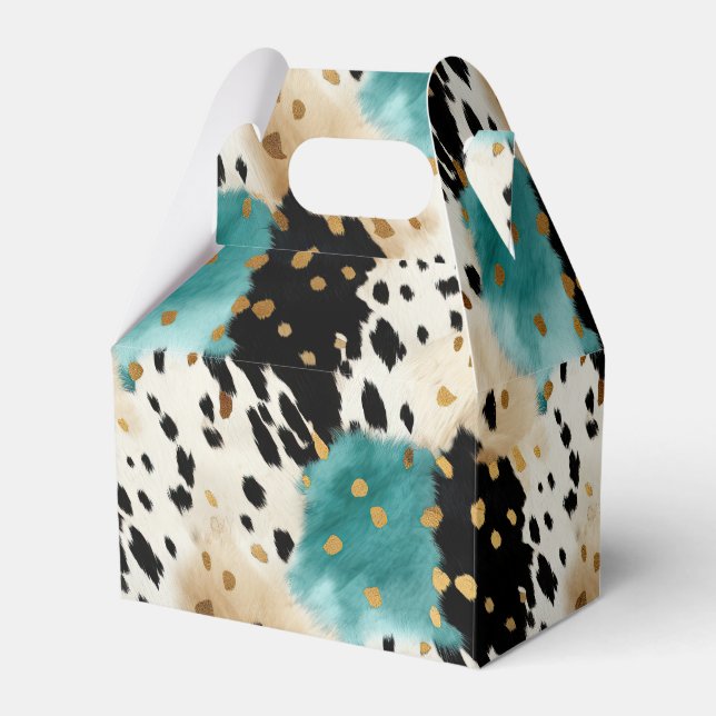 Turquoise Black Cream Gold Western Cowhide Favor Boxes (Front Side)